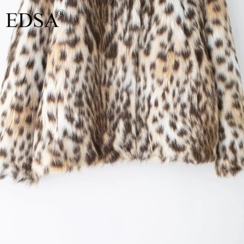 EDSA Women Leopard Faux Fur Jacket Female Winter Long Sleeves Front Pockets Artificial Fur Effect Long Sleeve Coat Outerweaar