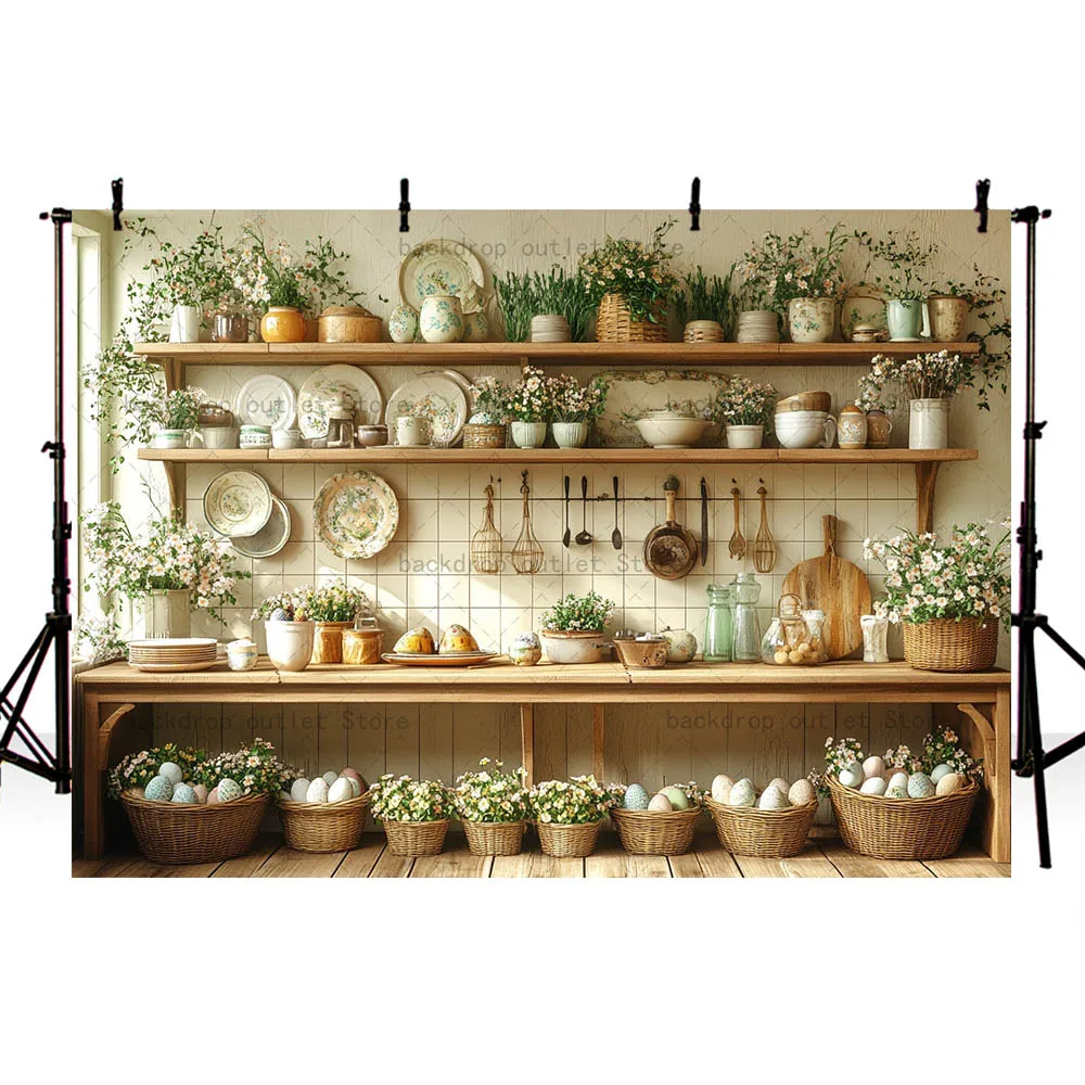 Mehofond Spring Easter Photography Backdrop Kitchen Eggs Basket Flower Plates Wood Board Kids Baby Portrait Backgroud