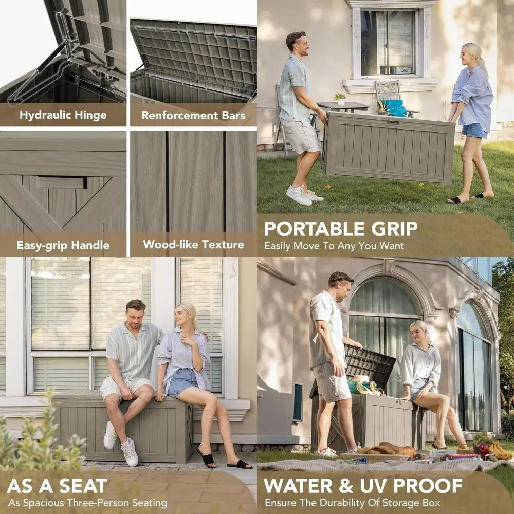 

120 Gallon Waterproof Outdoor Storage Bench with Lock, Resin Deck Box for Patio and Garden Storage (Brown)