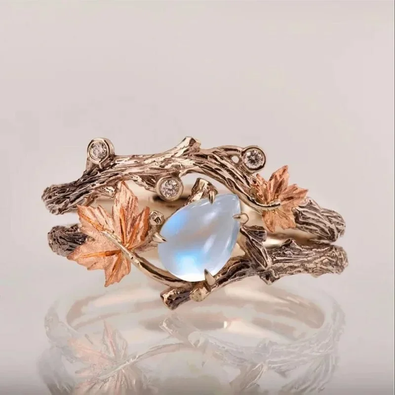 Vintage niche Design Tree Branch Maple Leaf Double Layer Ring Women Men Light Luxury White Gemstone Holiday Party Jewelry