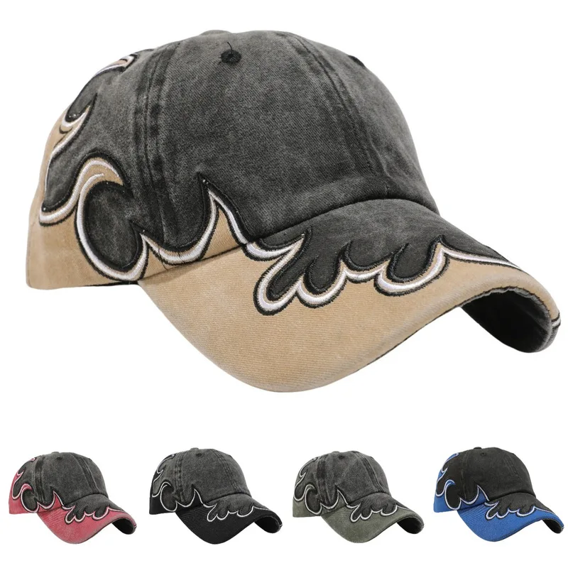 Flame Color-Blocking Washed vintage Baseball Cap, American Hip-Hop Style, Large Head Circumference, Embroidered Sun Hat