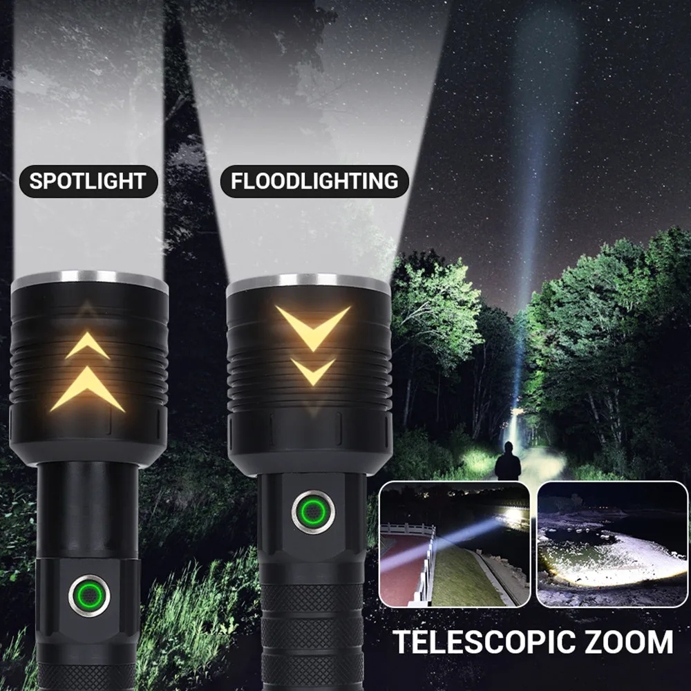 Powerful  Spotlight Long Range LED Flashlight Type-C Rechargeable Telescopic Zoom Focusing Spotlight Lamp Super Bright Tactical