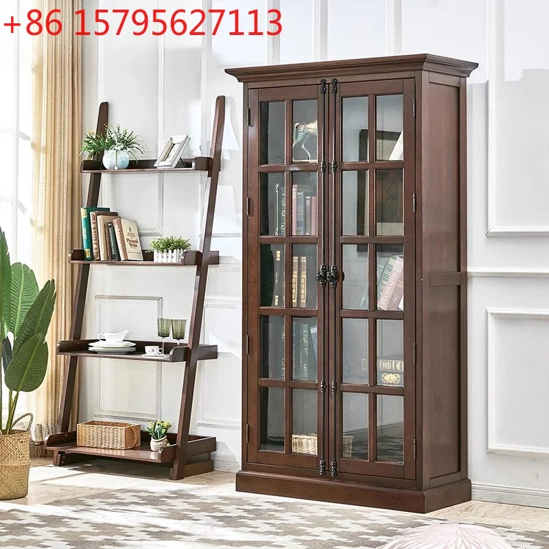 Vintage solid wood bookcase study bookshelf combination double door glass with lock office bookcase vertical cabinet