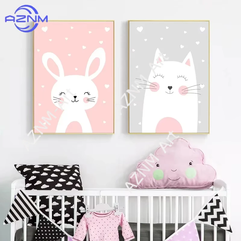 1PC ，Cartoon Rabbit Bear Nordic Decoration Canvas Paintings Posters and Prints Wall Art Picture for Baby Kids Bedroom Decoration