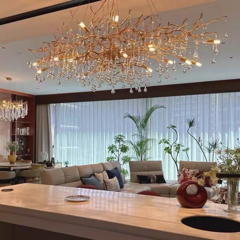 Luxury French Crystal Chandelier for Dining Room Full Copper Villa Living Room High Grade Ceiling Crystal Branch Chandeliers LED