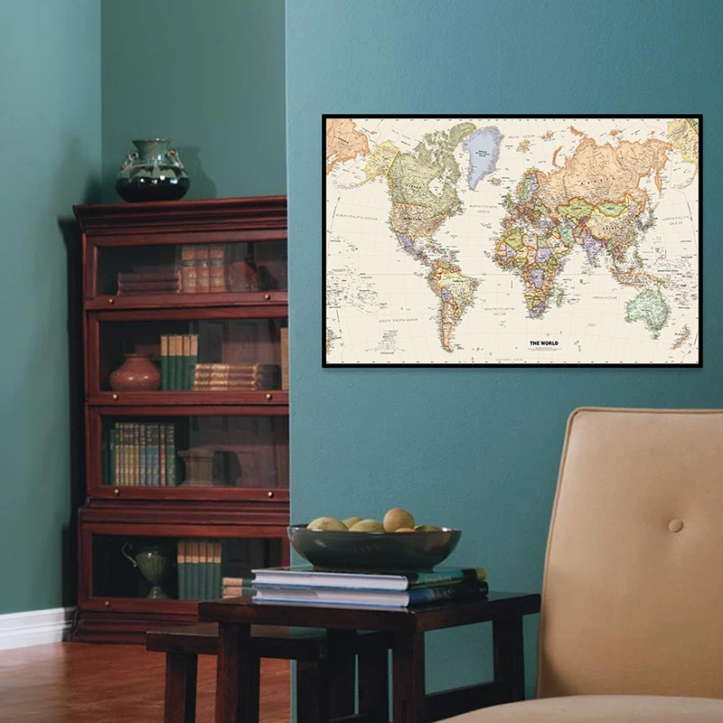 Mapa del mundo de tamaño A2, proyección de Mercator, mapa detallado de las principales ciudades de cada país, pintura en aerosol de vinilo, decoración de pared de dormitorio