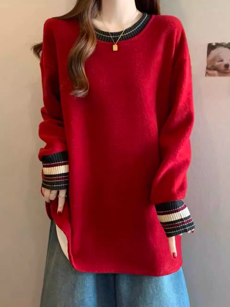 

Красный длинный вязаный свитер Ele для женщин, модный, средней длины, весна 2026, больших размеров, молодежный, повседневный топ