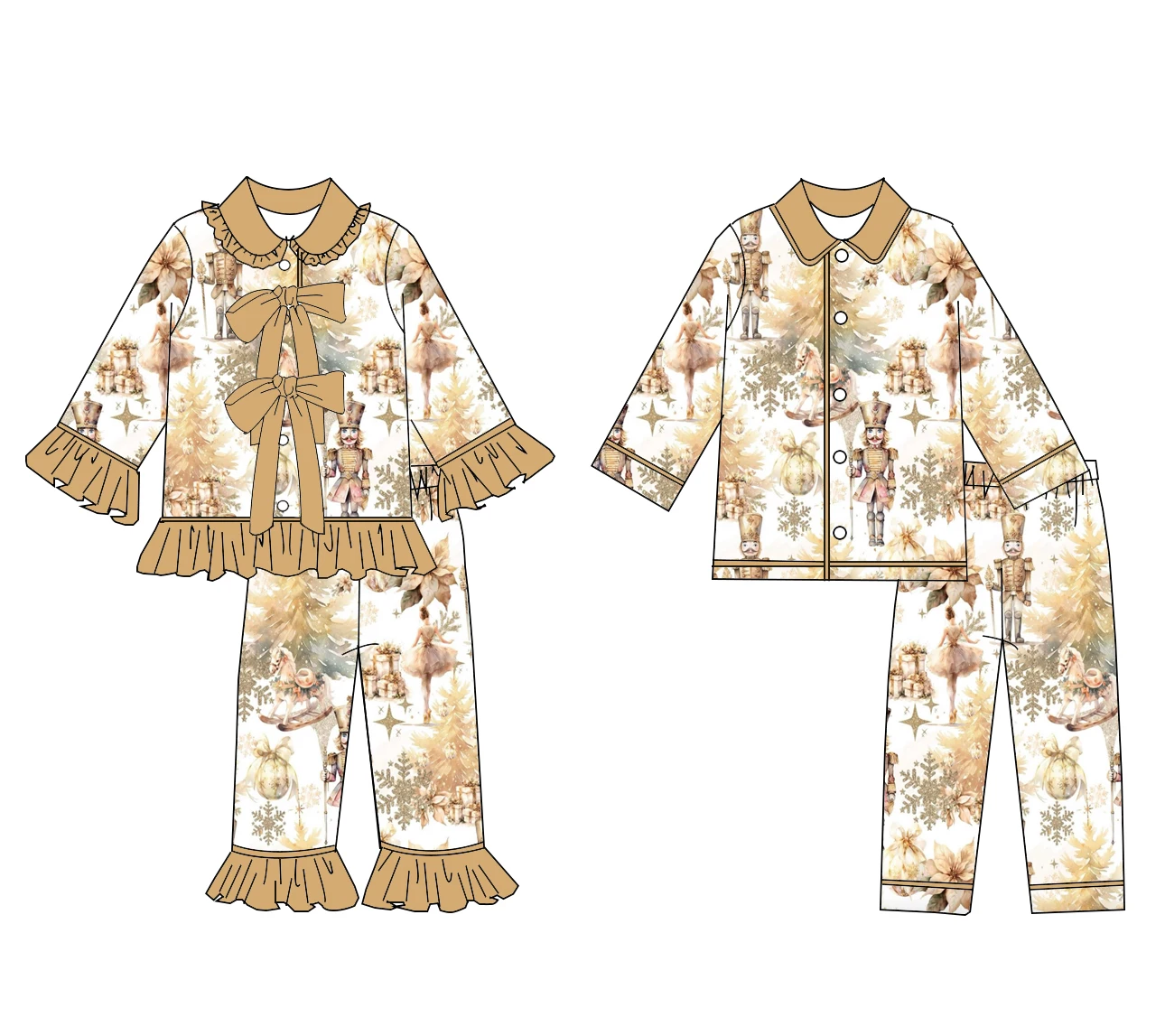 New Christmas Boutique Children's Suit Long-Sleeved Lace Bow Trousers Girls' Pajamas Set Trojan Tree Print Boy Suit