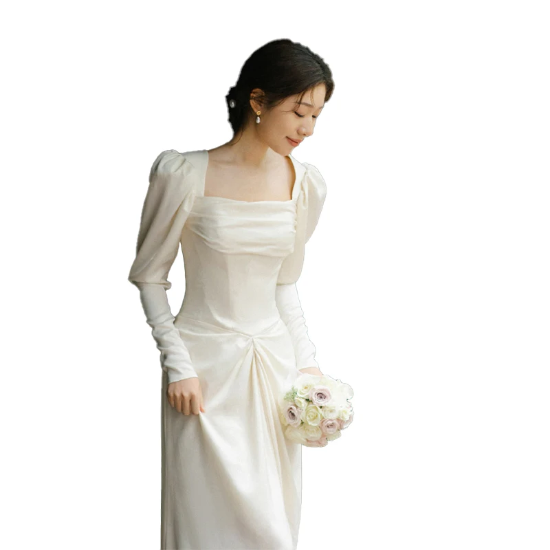 Korean Satin Light Wedding Dress White Simple Long Sleeve Lace Up Dress Vestido De Noiva Evening Dresses