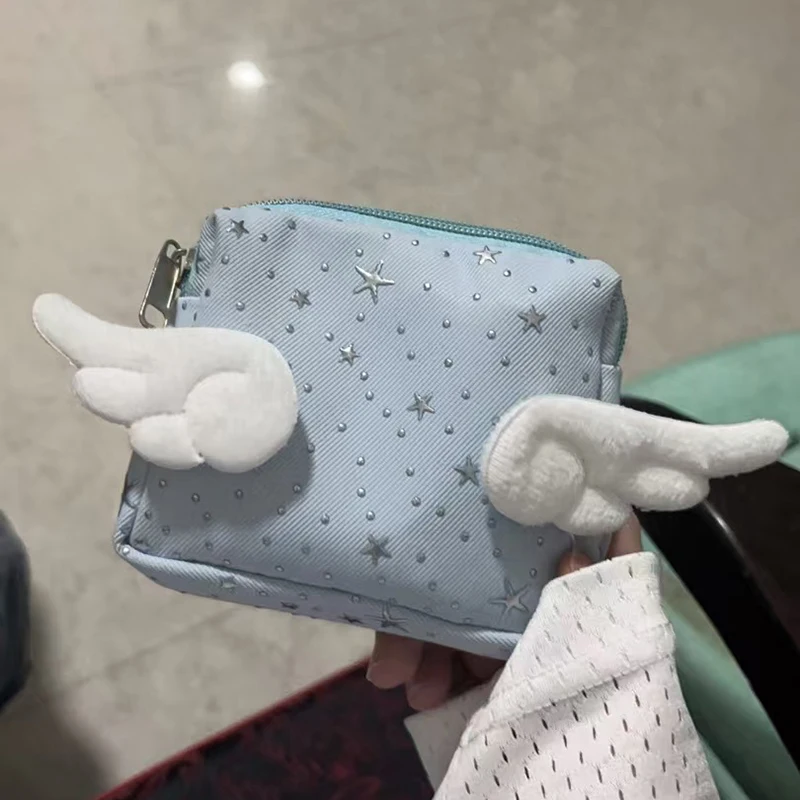 Cute Angel Wings Star Coin Purse Card Holder Kawaii Portable Mini Wallet Teen Girls Keychain Storage Bag Small Change Pouch