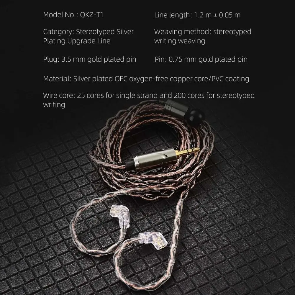 

8-Strand QKZ T1 Headphone Cord Upgrade Cord Silver Plated KZ Earphone Cable 3.5mm Jack 200 Core TC KZ Wired Headphones