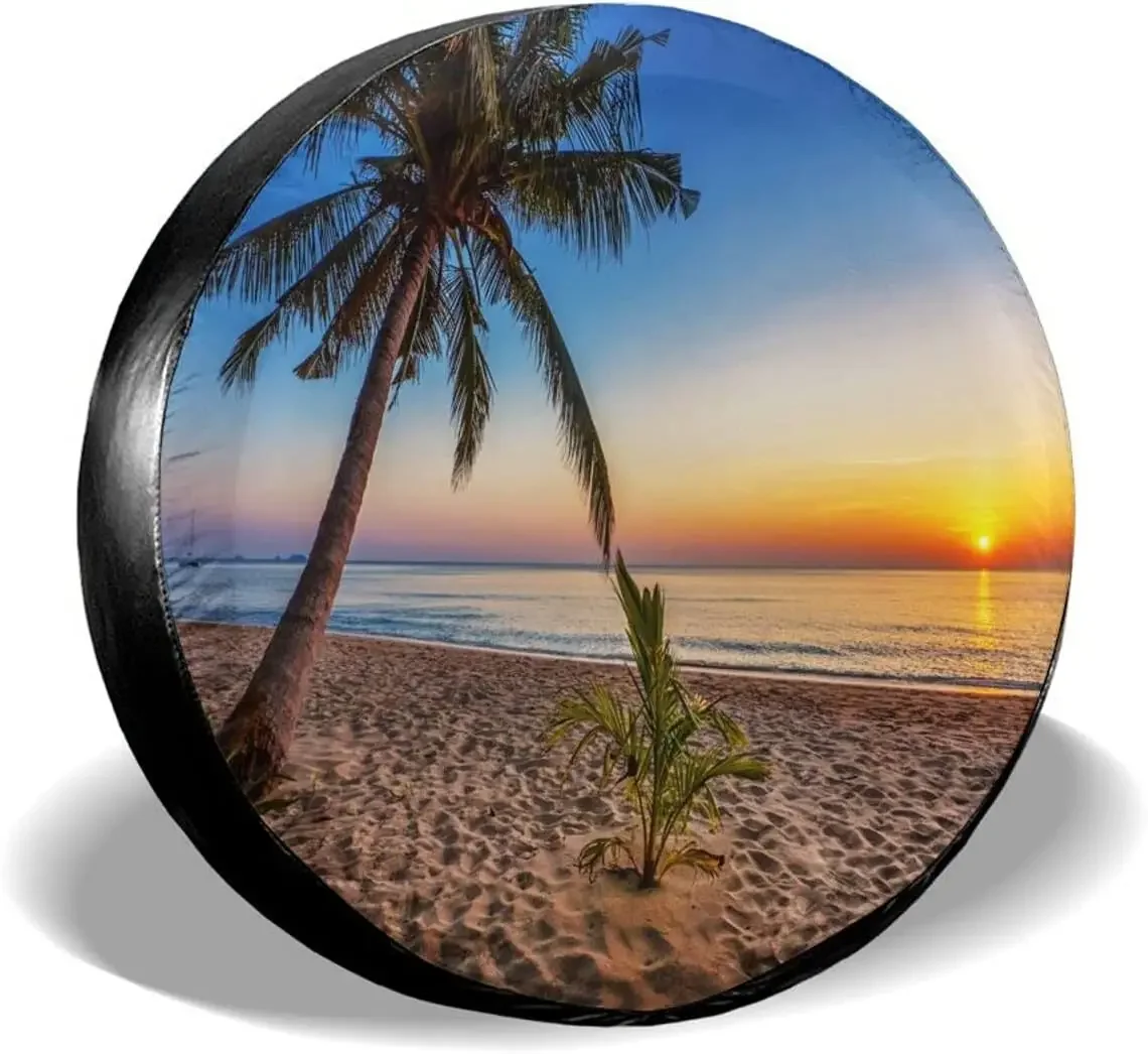 Tropical Beach at Beautiful Sunset Spare Tire Cover Waterproof Dust-Proof UV Sun Wheel Tire Cover Fit