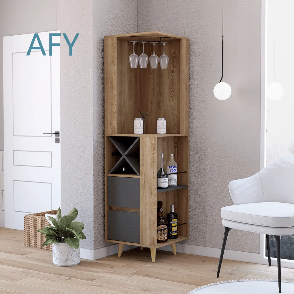 Caguas Corner Bar Cabinet for Wine Storage and Decorative Sets with Two External Shelves Four Wine Cubbies Pine Gray Finish