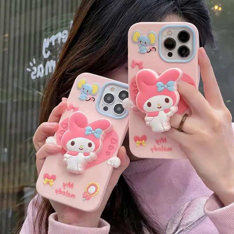 Kawaii Sanrio My Melody Anime Cartoon Cute 3D Stand Iphone 14 Case 12Promax/13Pro/11 Anti Drop Silicone Case