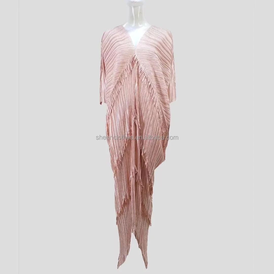 Elegantes, metallisches, figurbetontes, langes indisches Abendkleid mit Puffärmeln, V-Ausschnitt, Falten und Pailletten, Fransen, für Damen in großen Größen – Detail 4