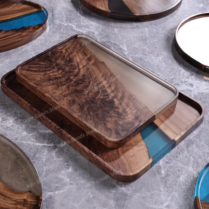Walnut resin dry bubble tray round kung fu tea set tray size solid wood tea tray rectangular drainage tea sea