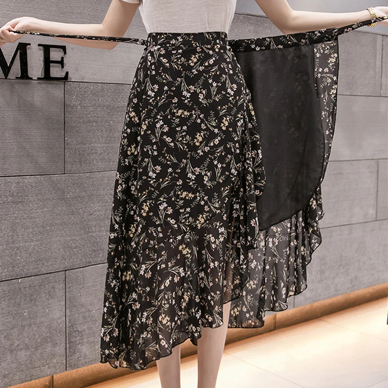 One-Piece Asymmetrical Summer Beach Skirt for Women High Waist A-Line Tulle Floral Print Gown Fairy Tale Fish Tail Skirt