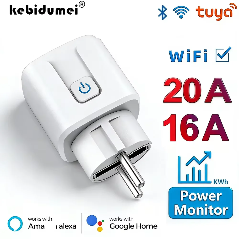 KEBIDUMEI Tuya Smart EU Plug WiFi+Bluetooth 16A 20A Smart Socket Power Monitor Timing Voice Control Works for Alex Google Home