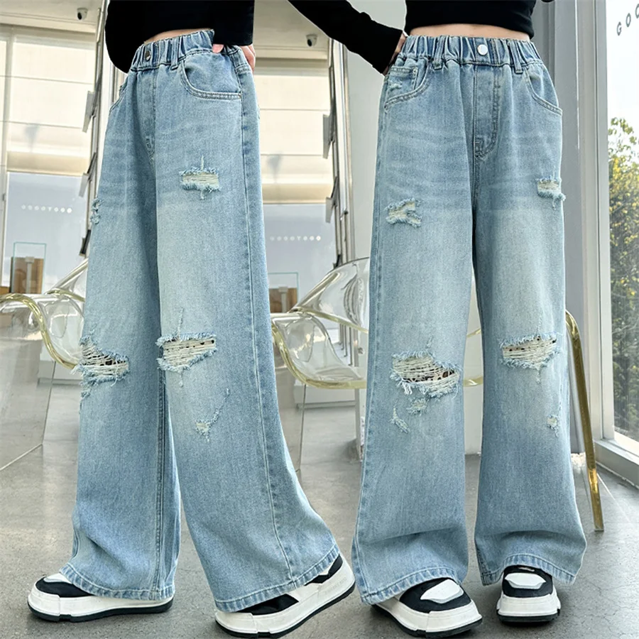 Tween Girls Ripped Jeans with Hole Kids Streetwear Broken Denim Pants Child Destroyed Jeans Trousers 5 6 7 8 9 10 11 12 13 14 Y