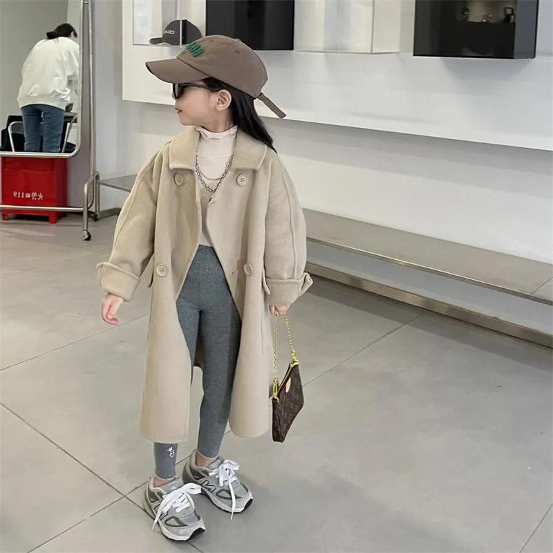 

Korean Girls' Woolen Coat Super Cute Casual Windbreaker 2024 Autumn and Winter New Item Baby Loose Khaki Coat