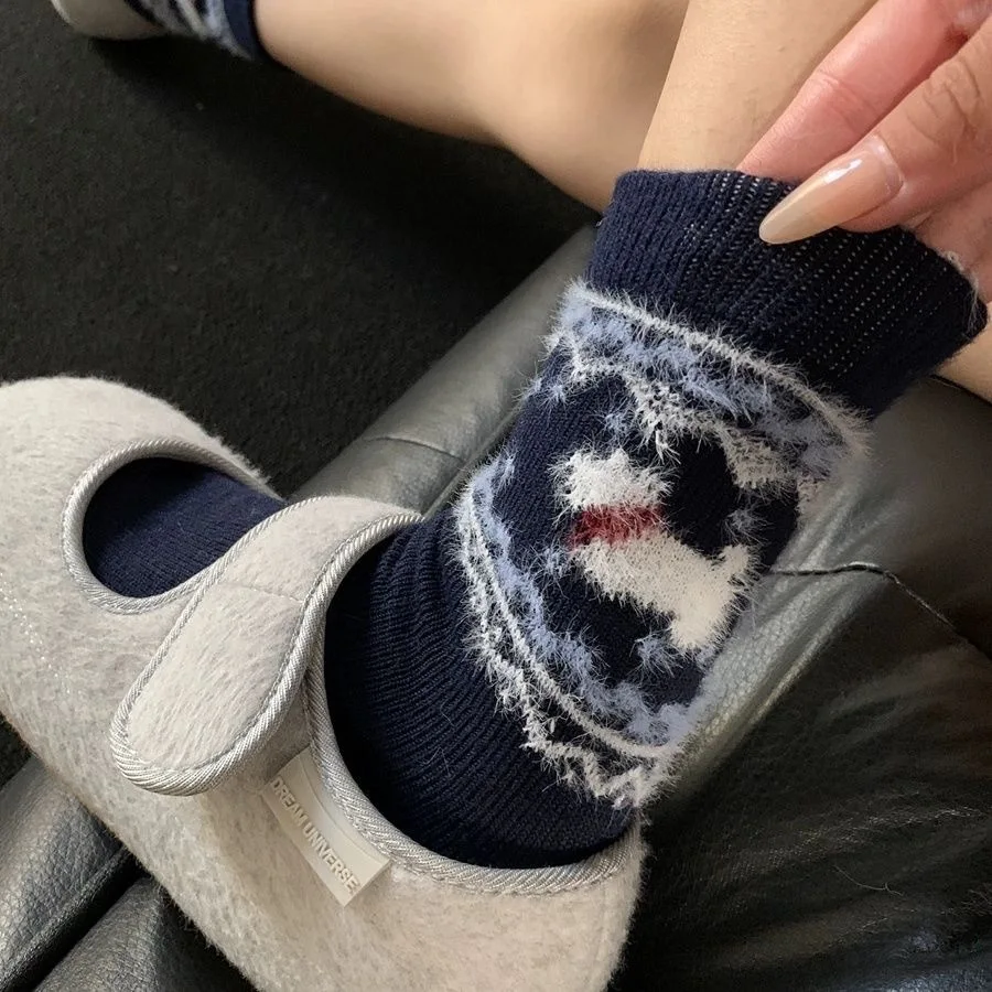 4 Pairs of Random Color Fair Isle Style Socks, Cartoon Warm Mid-Calf Women's Socks, Slouchy Mid-Calf Socks, Autumn and Winter Socks, Thanksgiving Gift