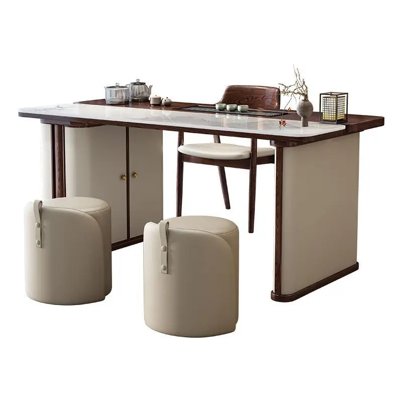 Household solid wood tea table and chair combination balcony light luxury rock slab tea table modern simple high-end new office 5