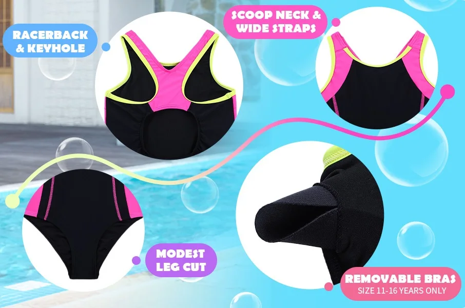 Anfilia Maiô de uma peça para meninas, gola redonda, alta elasticidade, racerback e buraco de fechadura, corte de perna modesto com roupa de banho acolchoada removível