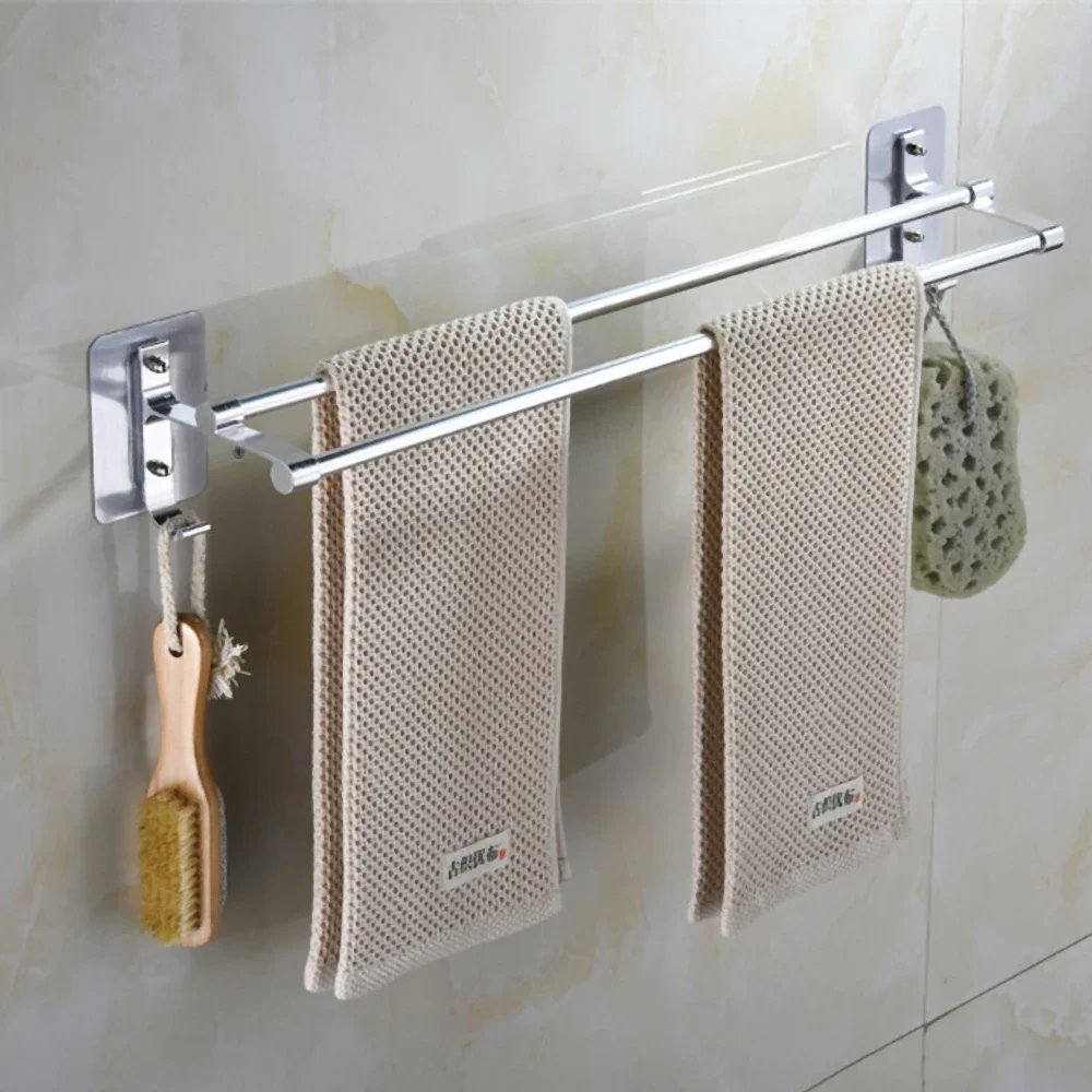 Towel Hanger Bars 40-60CM 2 Pole Punch-Free Shower Clothes Hanging  Wall Rack Silver Aluminum Holder Hook Bathroom Accessories