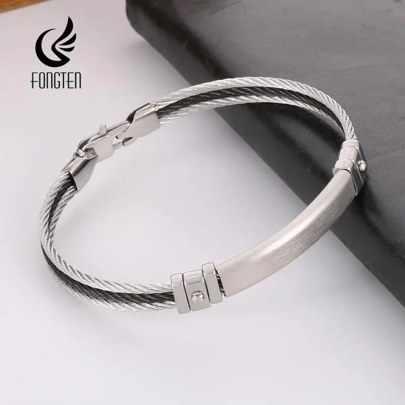 Fongten 6mm Width Stainless Steel Cuff Bracelets Three Layer Steel Wire Cable Chain Bracelet Bangle for Men Wristband Jewelry