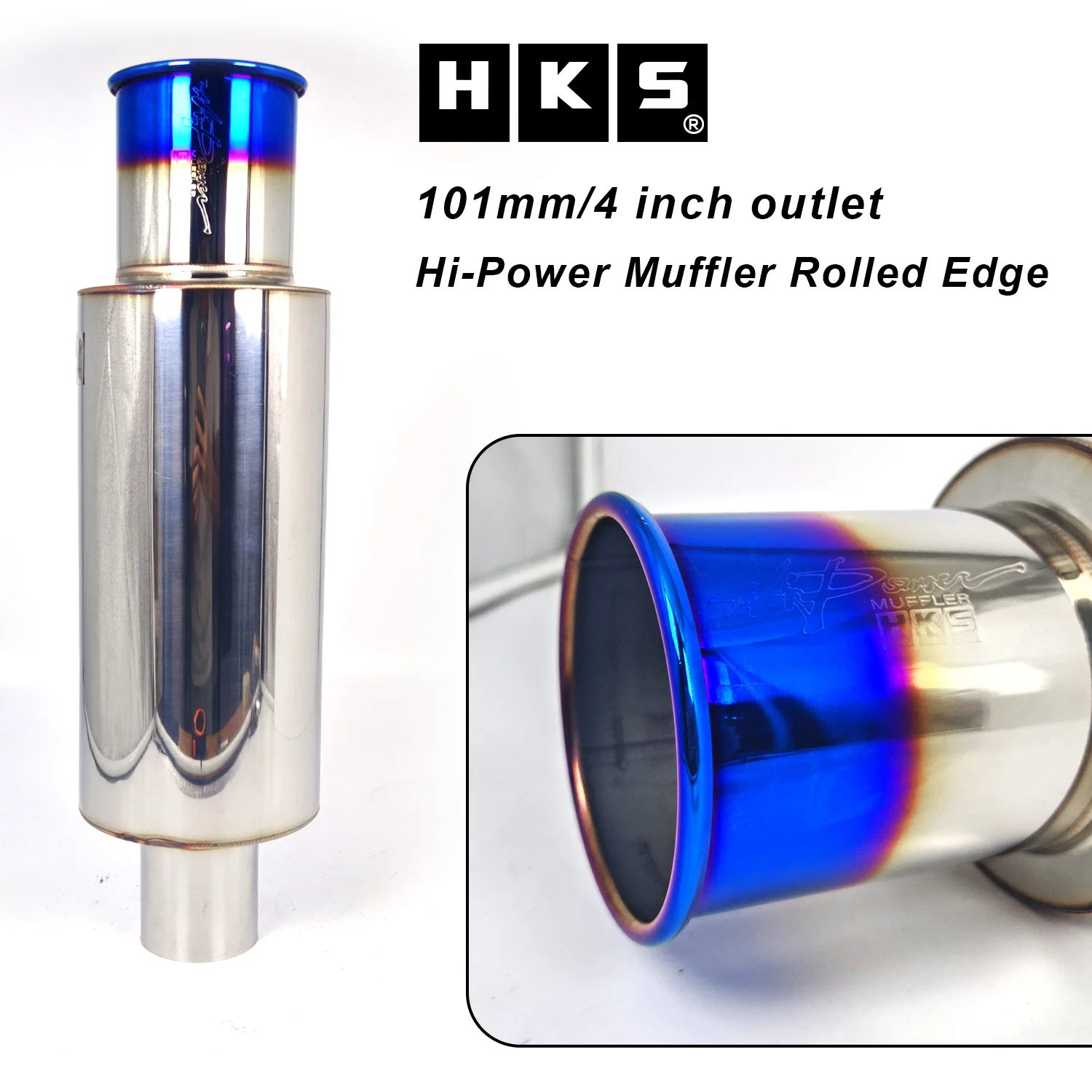 HKS Style Hi-Power Universal Exhaust Muffler,4in Rolled Edge Outlet Burnt Blue Tip Straight Through Stainless Steel Car Muffler