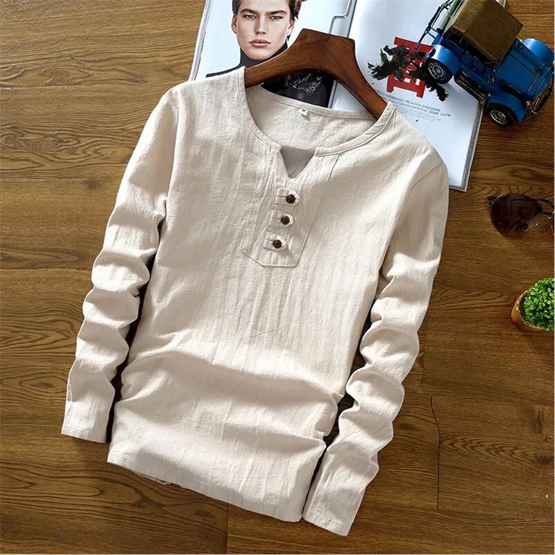 2024 Men's Brand Long Sleeve T-shirt Casual Loose Cotton Linen Clothes Spring Autumn V-Neck Shirts Plus Size M-5XL 6XL 7XL tops