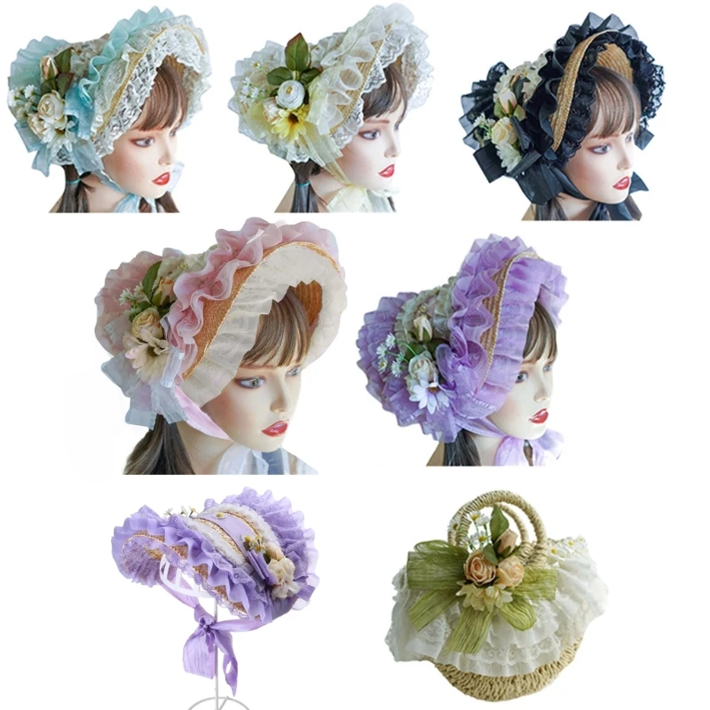 

S1Y1 Lolit Straw Hat Teas Party SunHat Lace Fascinators For Women Victorian Bonnet