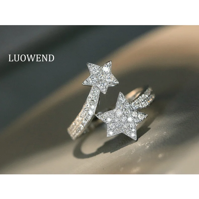 LUOWEND 100% 18K White Gold Rings 0.55carat Real Natural Diamond Engagement Ring for Women Elegant Star Design High Jewelry