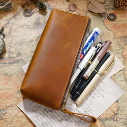 Genuine Leather Large Capacity Fountain Pen Case Box Office School Stationery Pen Pencil Storage Pouch Holder Zipper Design