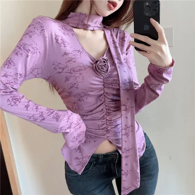 

Temperament Y2K Irregular T Shirts Spring New Long Sleeve V Neck Printing Slim Sexy Short Tops Tees Fashion Trend Women Clothing