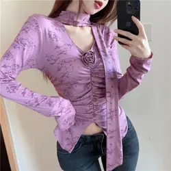 Temperament Y2K Irregular T Shirts Spring New Long Sleeve V Neck Printing Slim Sexy Short Tops Tees Fashion Trend Women Clothing