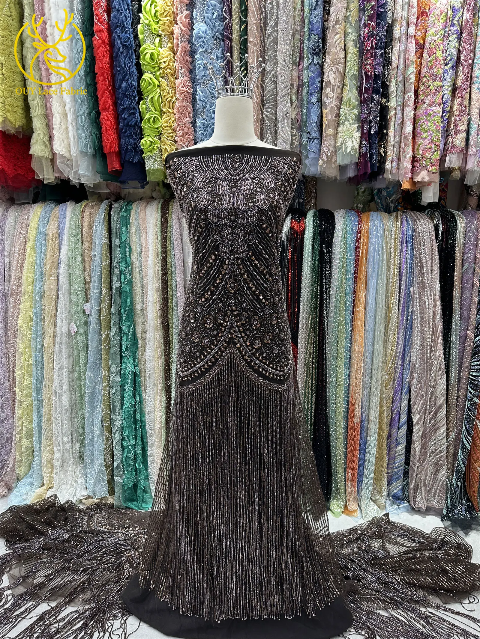 Goldener Afrikanischer Nigerianischer 3D-Perlen-Spitzenstoff 5 Yards Französischer Pailletten-Tüll Stickerei-Kleiderstoff für Damen Party Hochzeit Kleid Nähen – Detail 11