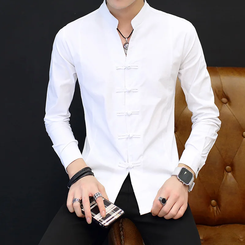 

5xl Large Size White Slim Fit Neck Blouse Chinese Style Zhongshan Fu Buckle Tight Tang Shirts For Mens Elegant Dress Vintage Top