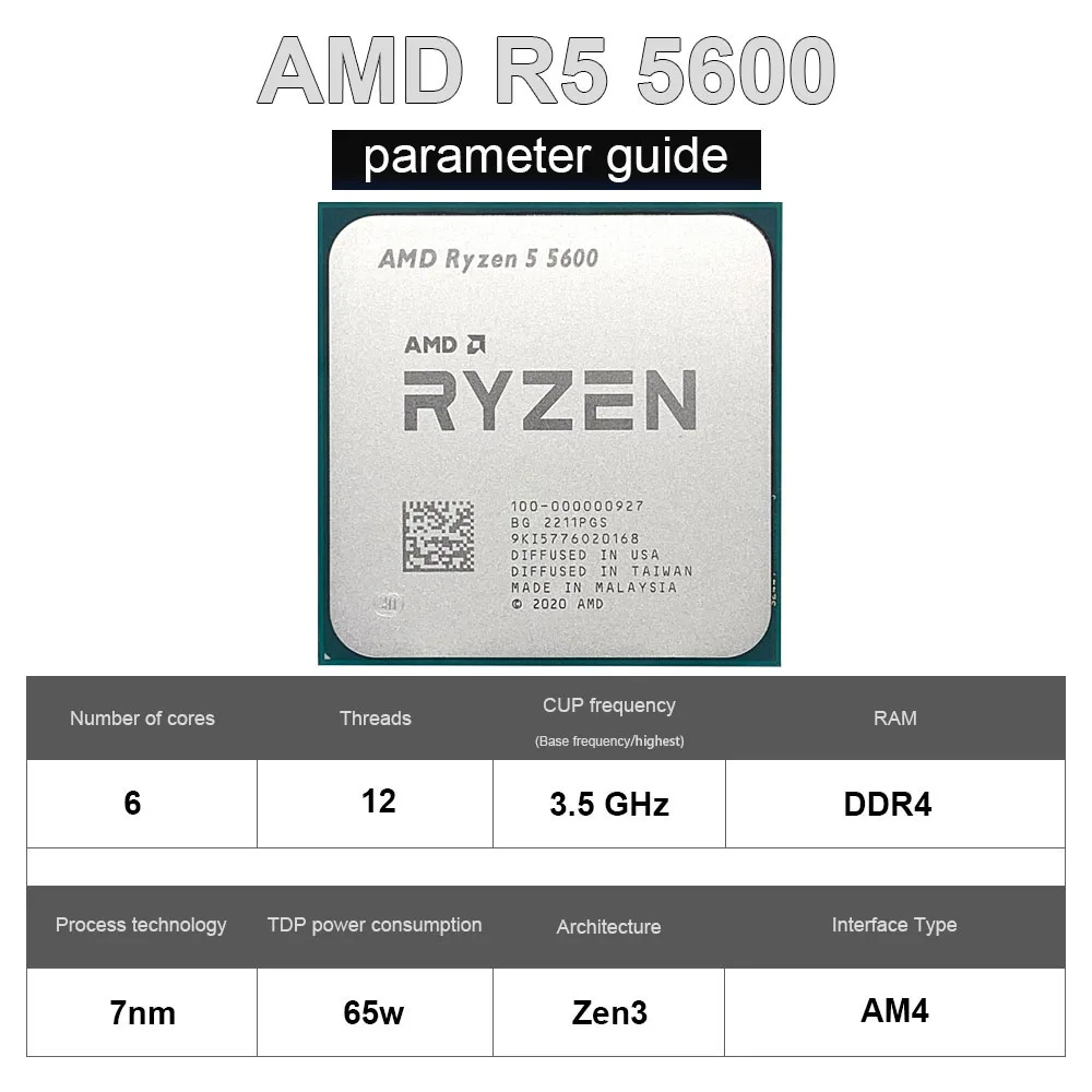 جديد AMD Ryzen 5 5600 R5 5600 3.5GHz 6-Core 12-الموضوع CPU المعالج 7NM 65 واط L3 = 32 متر 100-000000927 المقبس AM4 المنشأ صندوق مع مروحة