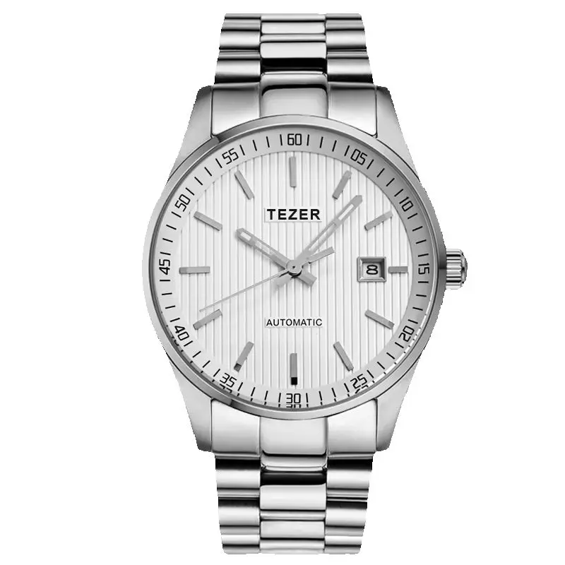 TEZER Men Automatic Watch | Solid Stainless Steel Bracelet | Striped Dial | Date Display | 50M Water Resistant