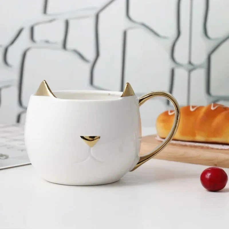 Cat Ears Ceramic Mug Golden Cat Shape Gold-plated Coffee Mugs Couple Breakfase Oat Milk Cup Christmas Valentine\'s Day Gift Mug