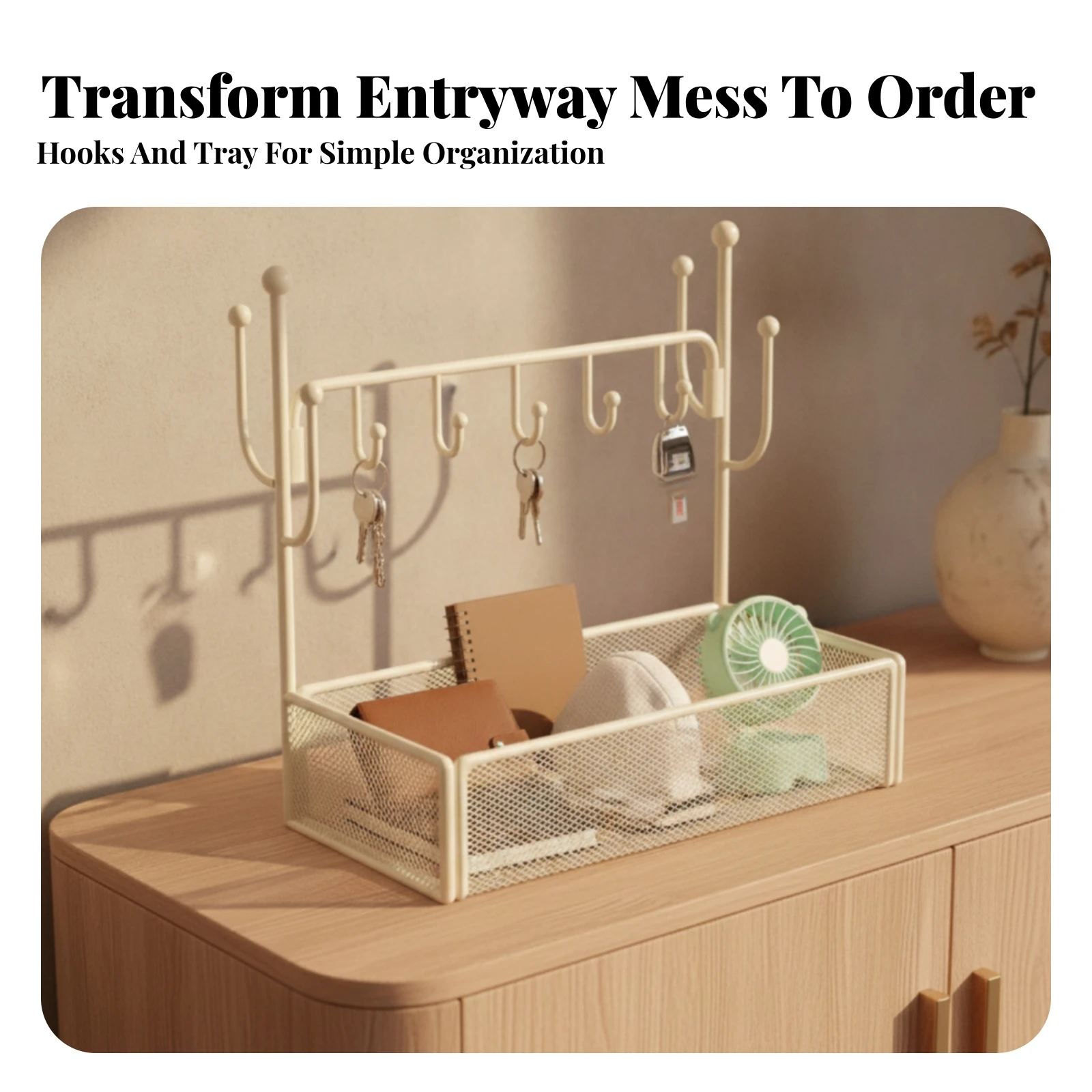 Tabletop Key Holder Space-Saving Key Rack with Basket Entryway Organizer with Hooks Compact Sturdy for Desktop, Dorm Rooms