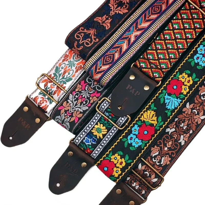 New Ethnic Style Jacquard Leather Guitar Strap for Folk Guitar Electric Acoustic Ukulele Bass Guitar Accessories