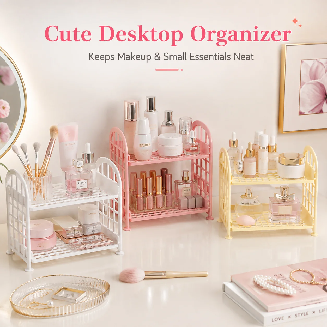 New Ins Foldable Double Layer Storage Rack, Cosmetic Jewelry Organizer for Desk and Bathroom