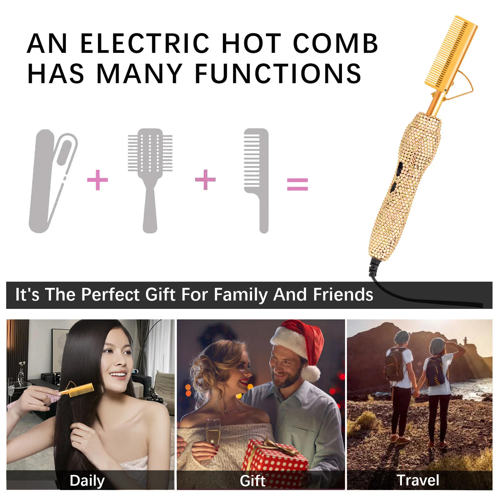 400℉ Hot Comb for Wigs & Human Hair, 2 in 1 Hair Straightener & Curler Bling Hot Hair Comb for Travel, Daily Use, Salon Grade