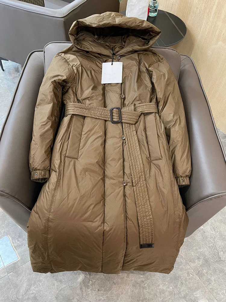 Jaqueta longa com capuz para mulheres, casaco vintage fofo, outwear marrom, puffer coat, faixas luxuosas, parkas pretas, 2023 3O198