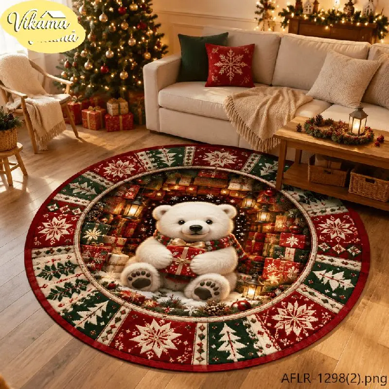 VIKAMA Christmas Round Rug White Bear Holding Gifts Snow Area Rug Living Room Holiday Home Decor Aesthetic Art Large Premium