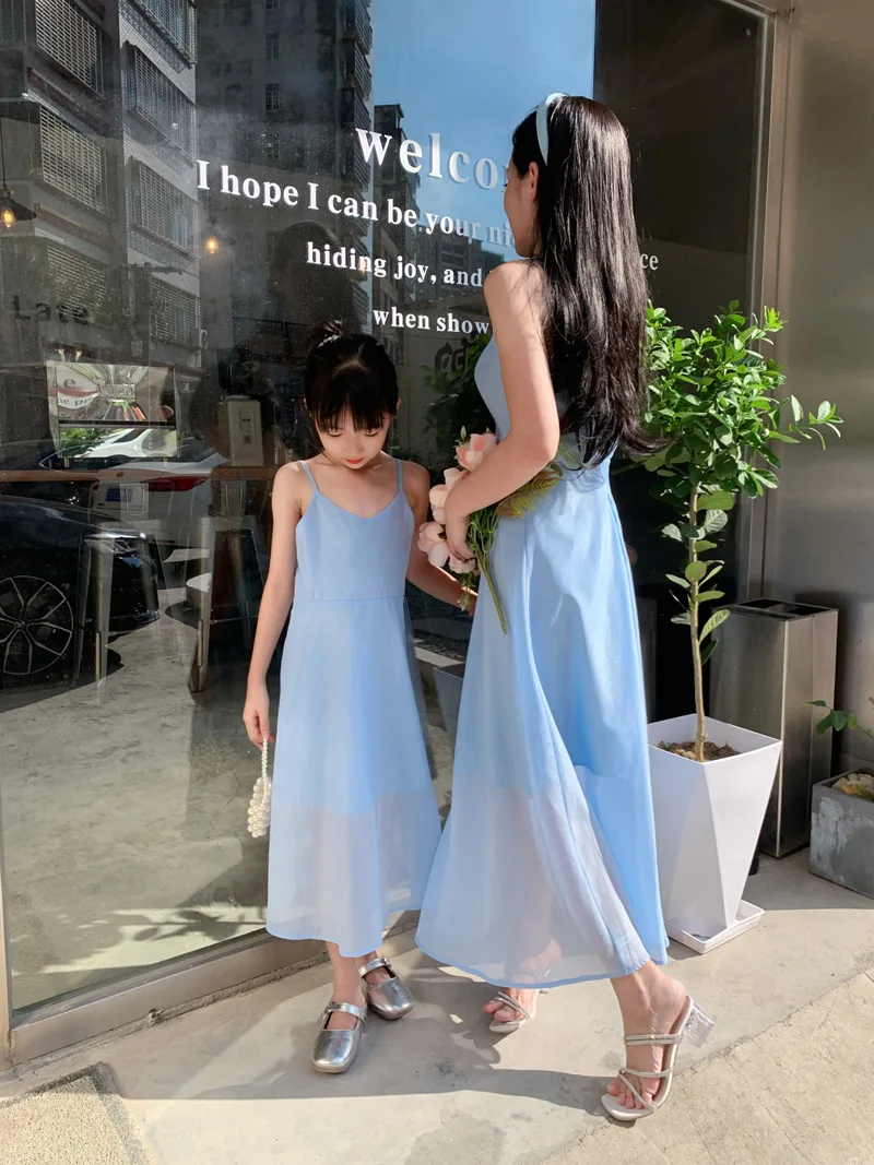 Mother Daughter Matching Dresses Summer Blue Gown Backless Slip Dress for Birthday Party Wedding Beach Family Matching Clothes