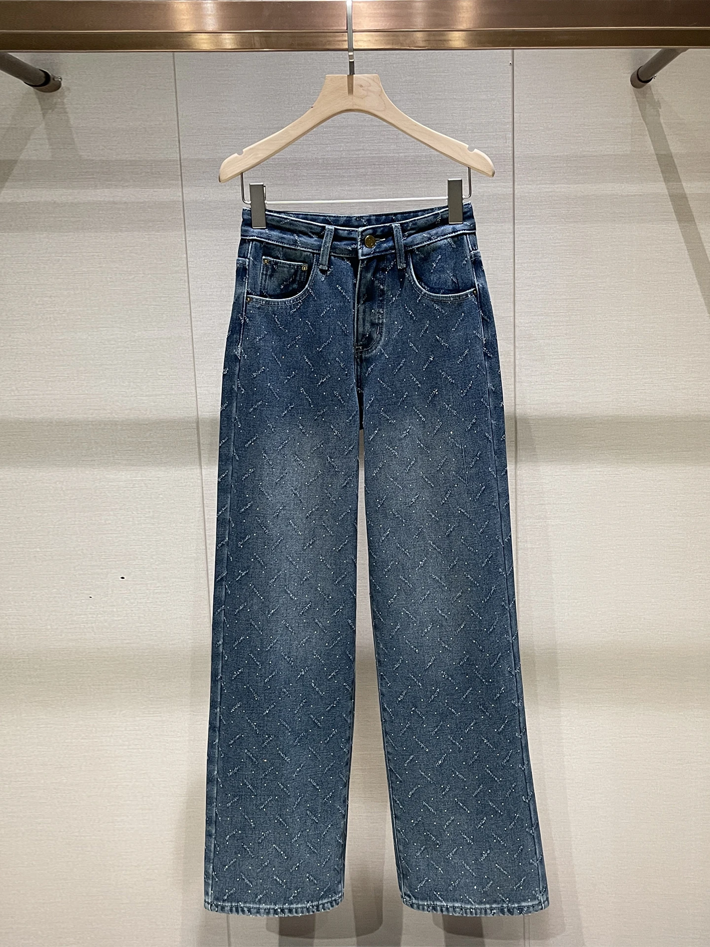 

Женские зимние джинсы с высокой талией, прямые, синие, с декором из страз, в американском ретро-стиле, удобные...