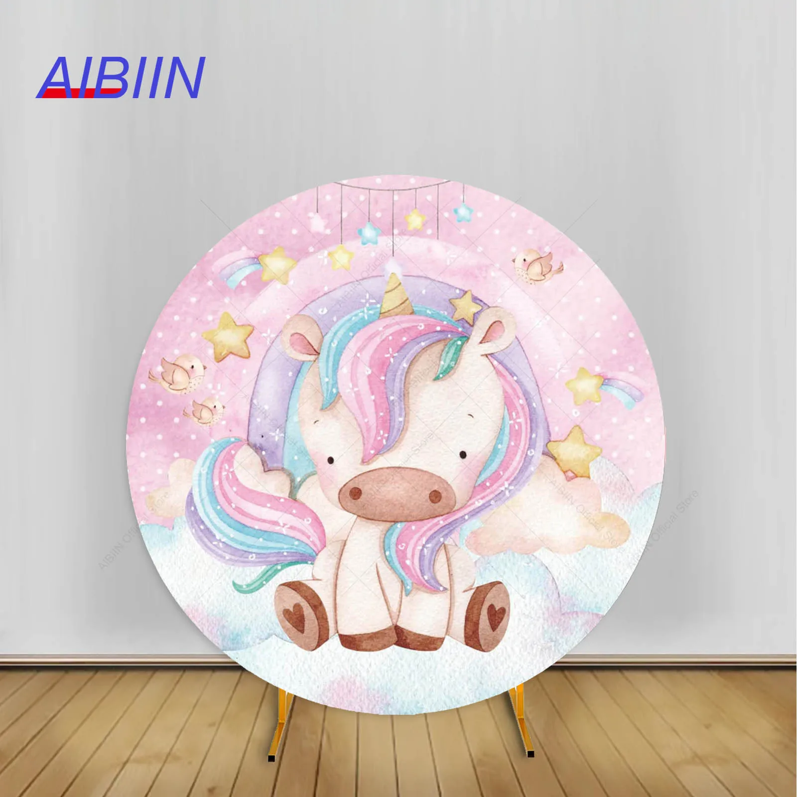 Unicorn Rainbow Round Backdrop Cover Cute Horse Stars Clouds Girls Birthday Baby Shower Party Decor Photography Background